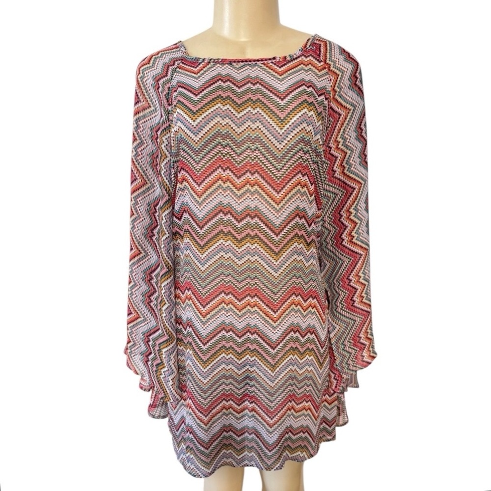 Stella Cruz Pink Multicolored Sheer Chevron Blouse‎ Kimono Flare Sleeve Cover-Up